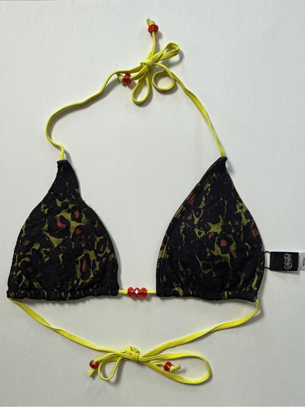 Affliction Black Lace & Neon Yellow Bikini Top with Red Beads